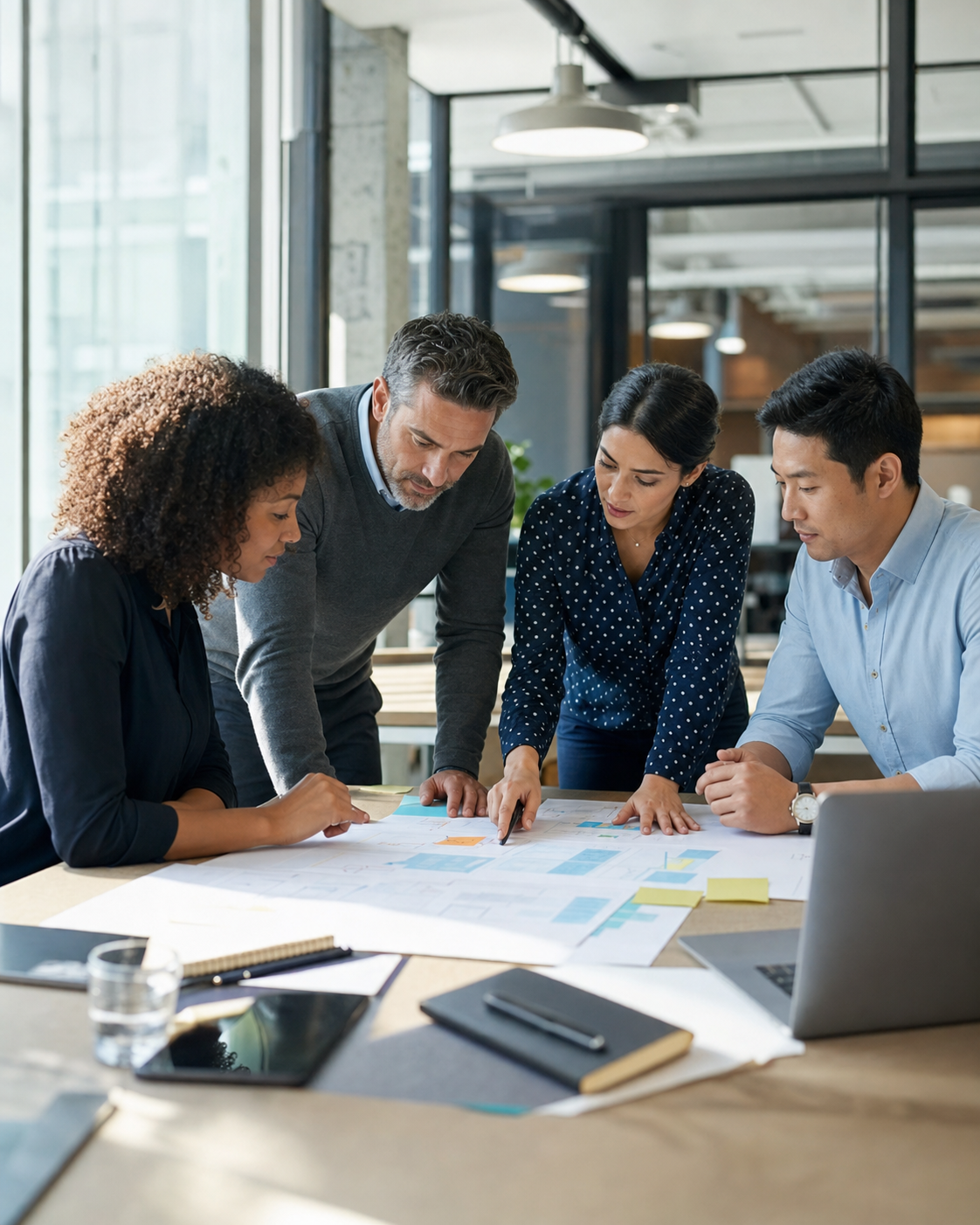 Consultants collaborating around a business operations plan