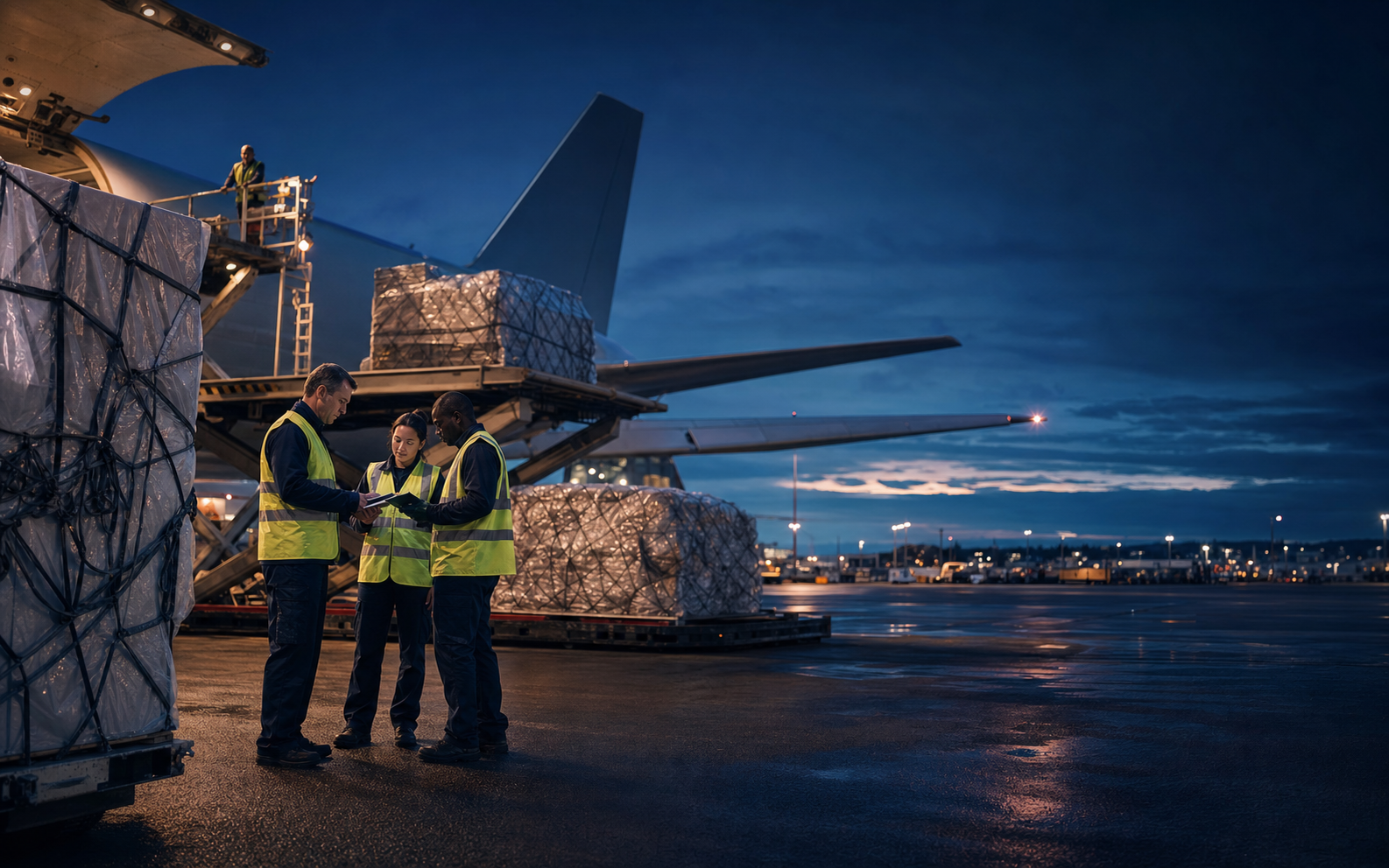 Air cargo team coordinating palletized freight at blue hour